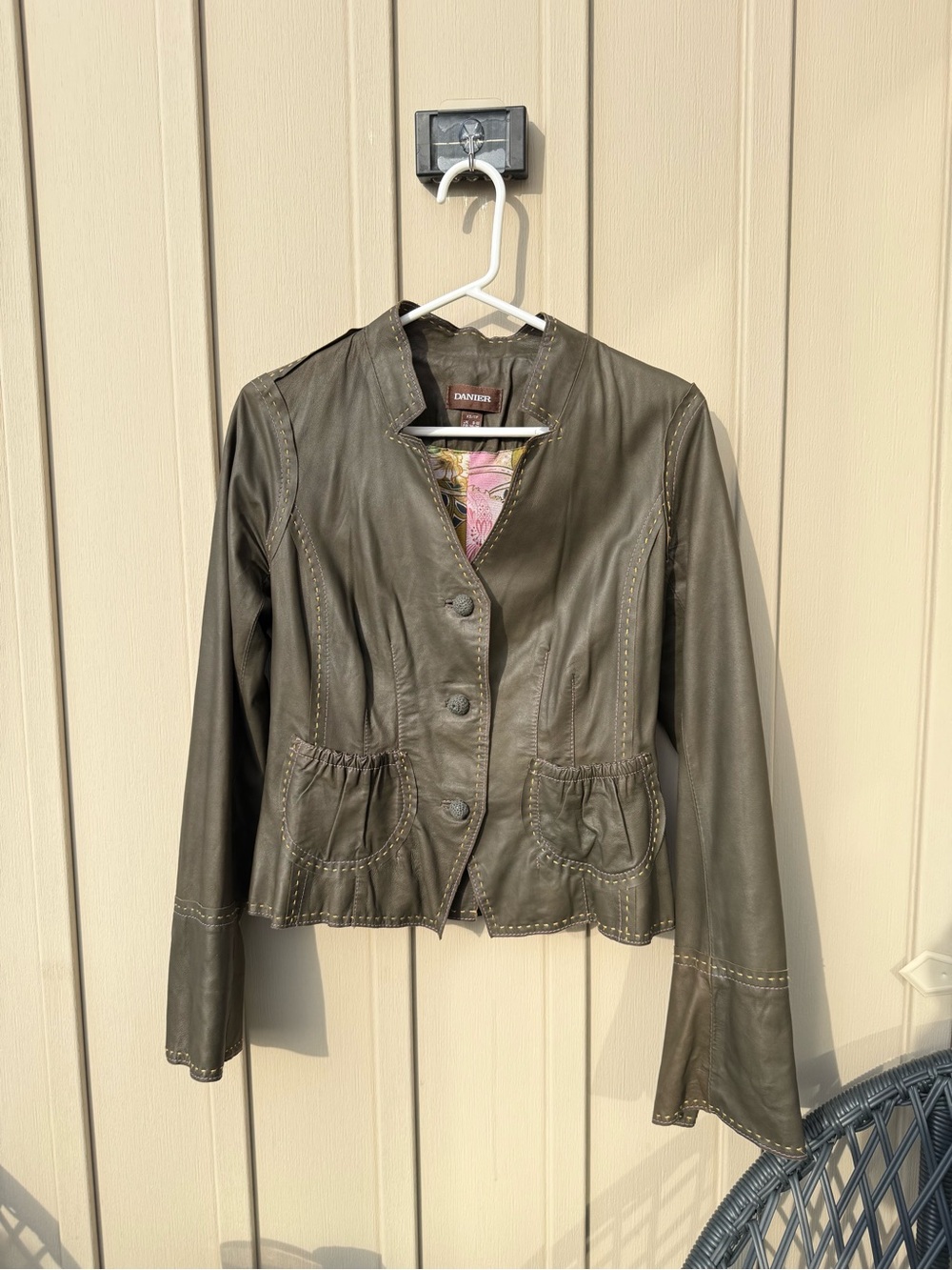 Vintage Danier Genuine Leather Olive Green Jacket with Pink & Yellow Stitching